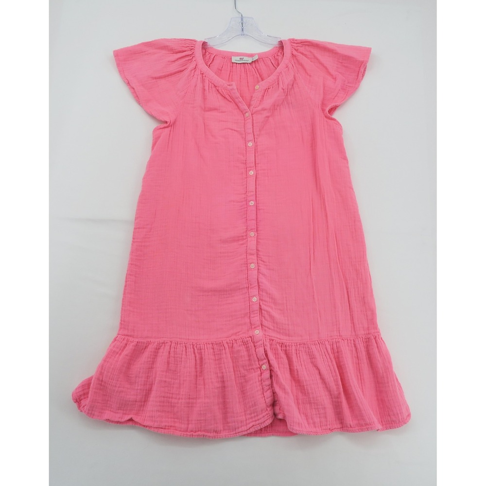 Vineyard Vines Pink Cotton Gauze Ruffle Hem Button Front Flutter Sleeve Dress L